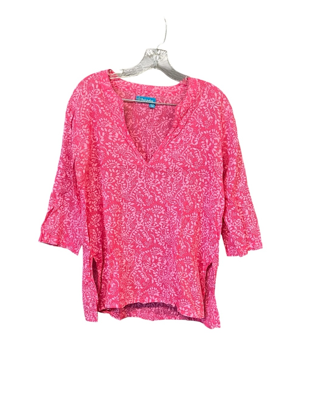 Fresh Produce Pink Floral Print Cotton Tunic Top XS 3/4 Sleeve Beach oversized
